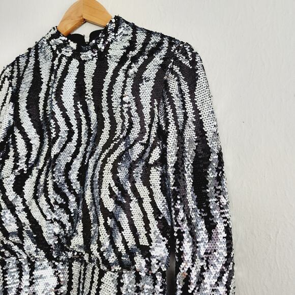 NWT Ted Baker Louu Silver Black Sequin Zebra Mini Dress Cocktail XS - Picture 5 of 16